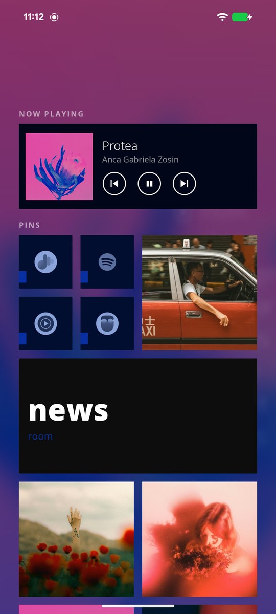 Zine home screen, pins and now playing tinted by the album art